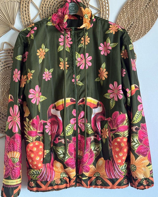 Tropical Print Drawstring Collar Long Sleeve Jacket Casual Pocket Design Loose Fit Coat