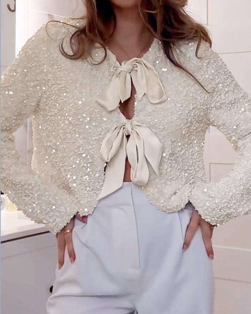 Sequin Open Front Long Sleeve Casual Tied Detail Cardigan