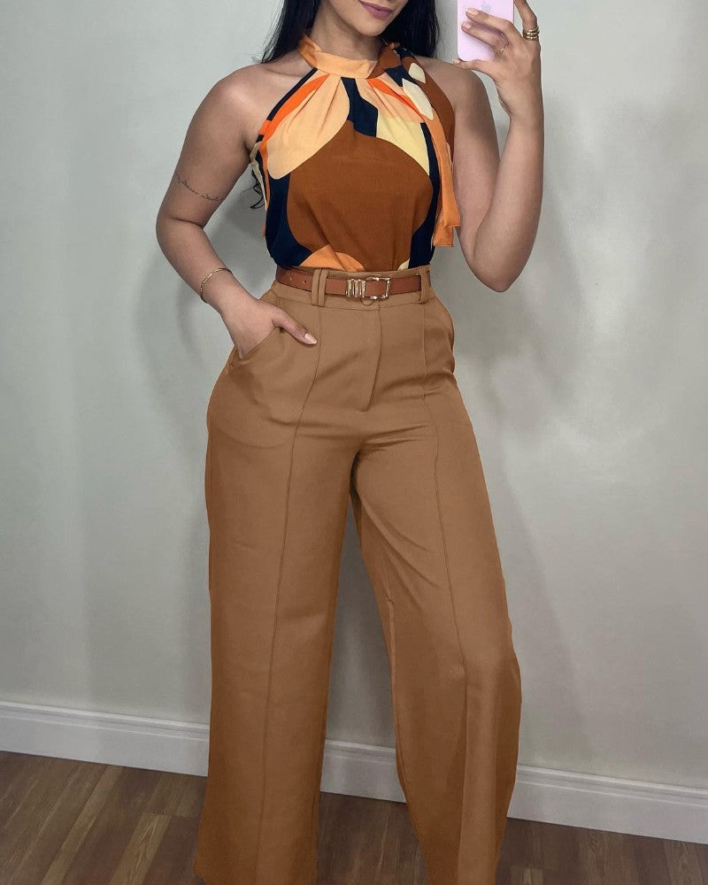 2 Pieces Outfits Colorblock Halter Sleeveless Top and Casual Plain Wide Leg Pants Set