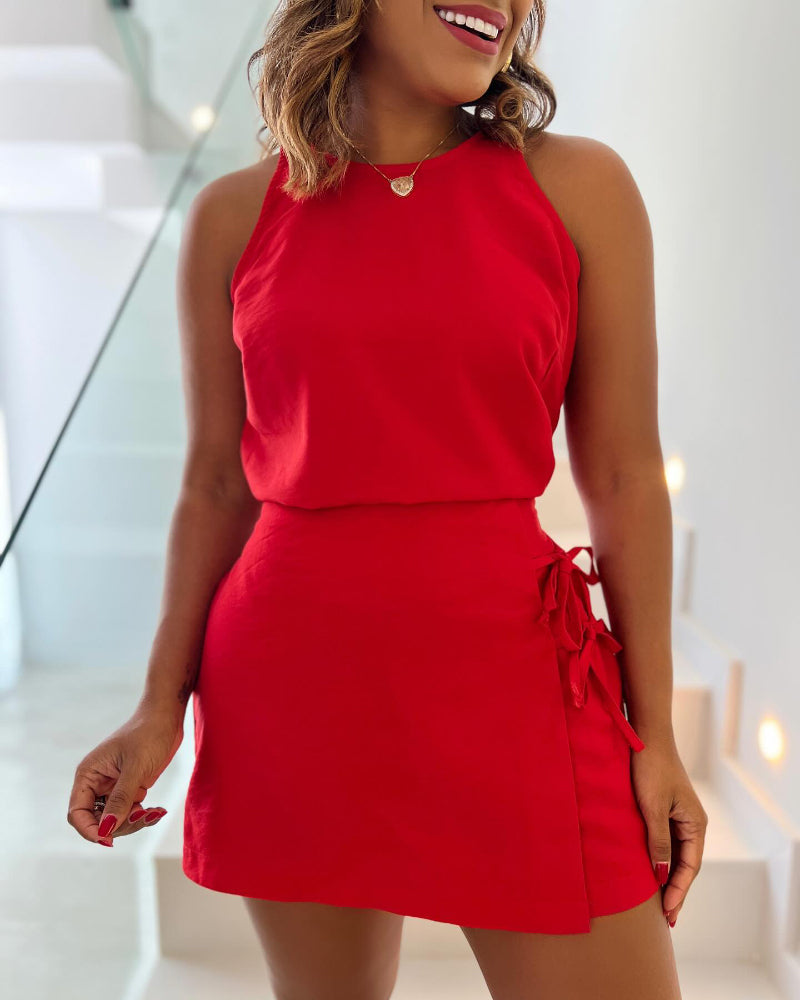 2 Pieces Outfit Halter Sleeveless Back Hollow out Top and High Waist Side Tied Detail A Line Skirt Set