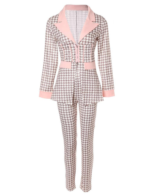 Houndstooth Print Zip Corset Patch Blazer & Pants Set