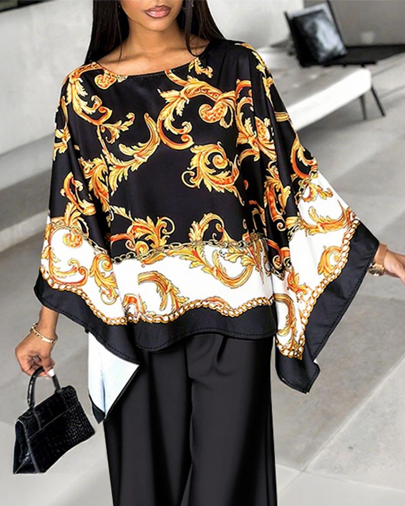 2 Pieces Outfit Baroque Print Batwing Sleeve Loose Top and Casual Elastic Waist Straight Leg Pants Set