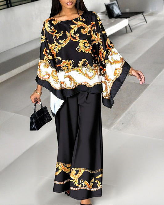 2 Pieces Outfit Baroque Print Batwing Sleeve Loose Top and Casual Elastic Waist Straight Leg Pants Set