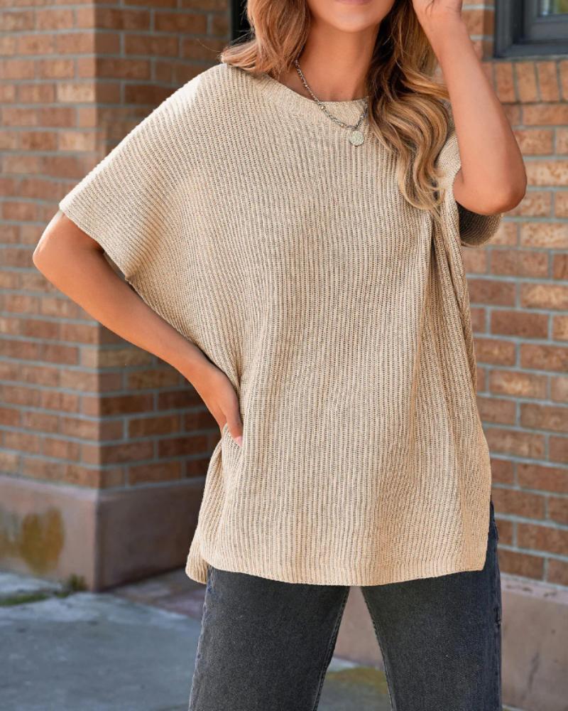 Round Neck Short Sleeve Slit Sweater Casual Loose Fit Top