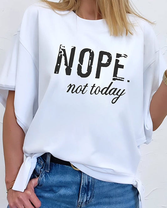 Letter Print Round Neck Short Sleeve T Shirt Casual Tied Detail Loose Fit Top