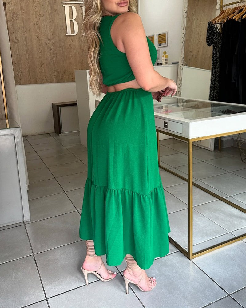 Halter Sleeveless Waist Cutout Maxi Dress Sexy Hoop Decor A Line Smocked Dress