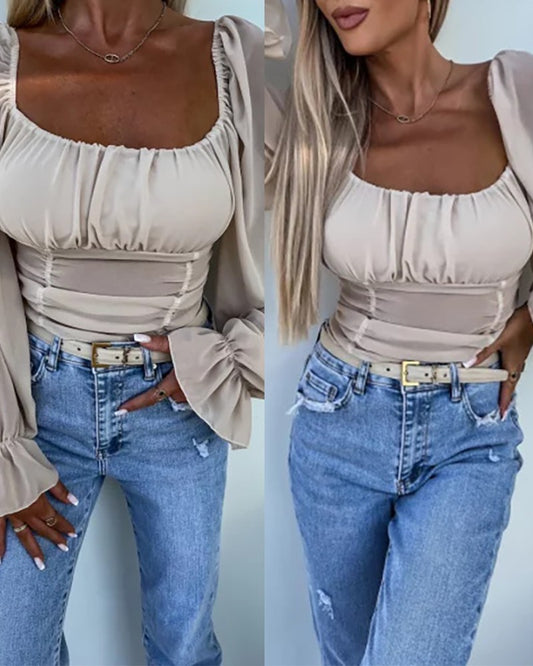 Scoop Neck Lantern Sleeve Shirred Top