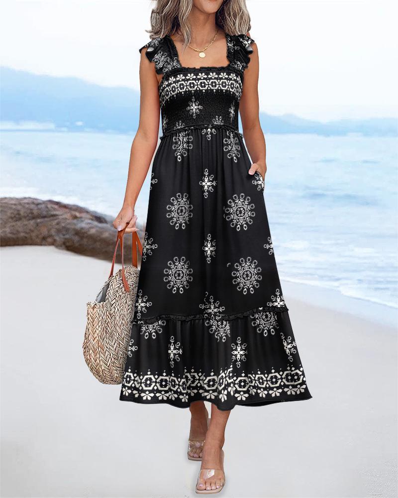 Floral Print Square Neck Ruffles Midi Dress Casual Shrred Waist A Line Dress with Pockets