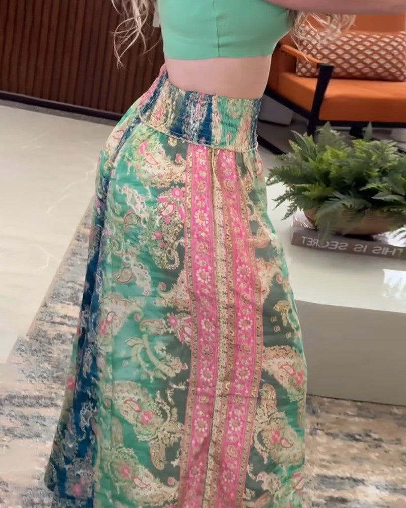 Floral Print High Waist Shirred Waist Pants Casual Wide Leg Pants