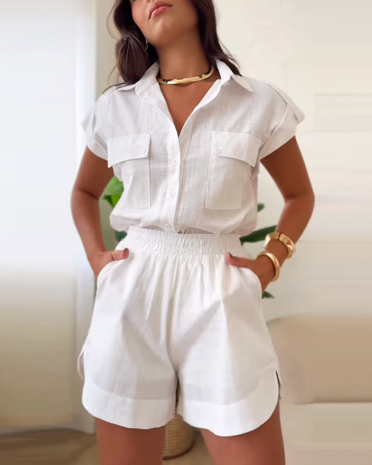 Turn down Collar Short Sleeve Shirt Button Shorts Set with Pocket