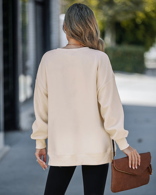 Round Neck Drop Shoulder Long Sleeve Zipper Side Slit Sweatshirt Casual High Low Hem Top