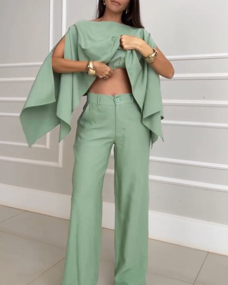 3 Pieces Outfit Cold Shoulder Slit Cloak Sleeve Asymmetrical Hem Convertible Top and Casual Zipper Fly Elastic Back Waist Pants Set With Bandeau