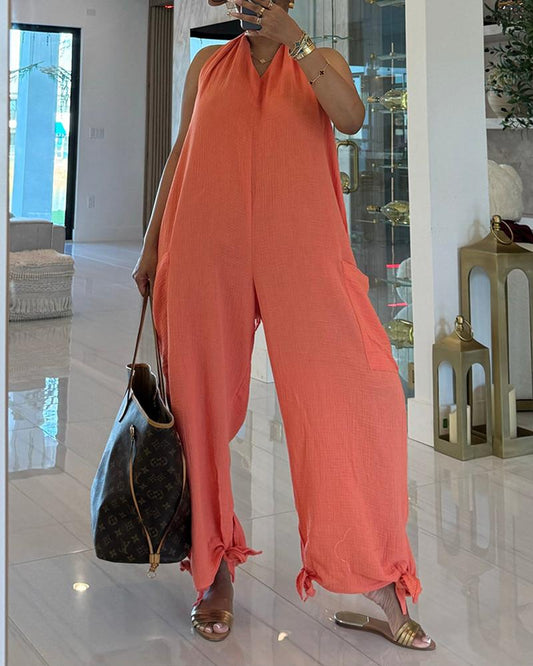 Halter Sleeveless Cuffed Lace Up Backless Jumpsuit Casual Pocket Design Romper