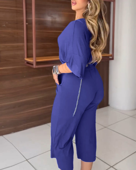 2 Pieces Outfit V Neck Three Quarters Top Wide Three Quarters Pants Set