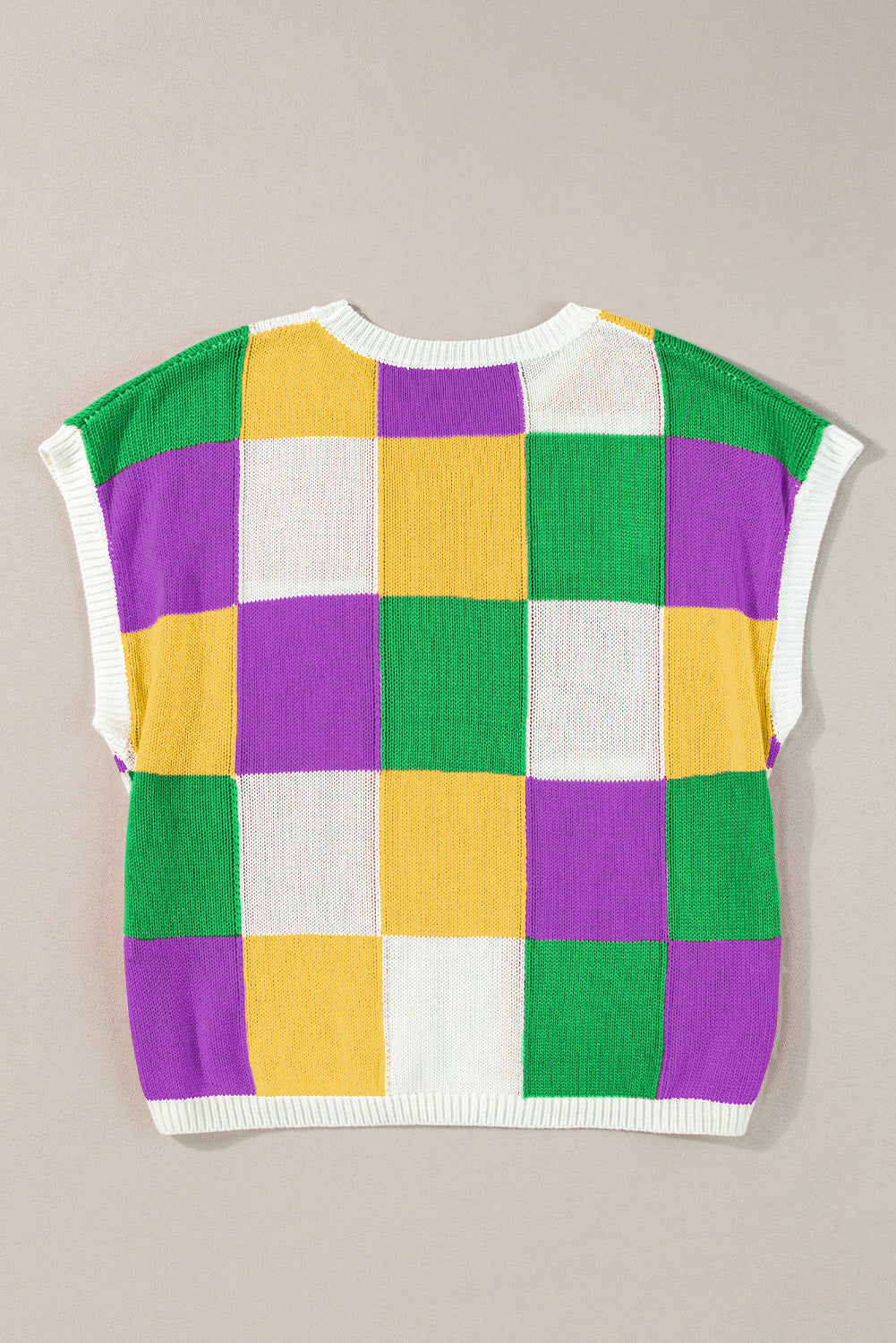 Tillandsia Purple Sequin Doughnut Graphic Colorblock Checkered Short Sleeve Sweater
