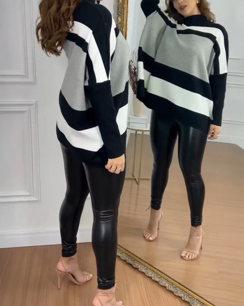 Striped High Neck Long Sleeve Causal Sweater