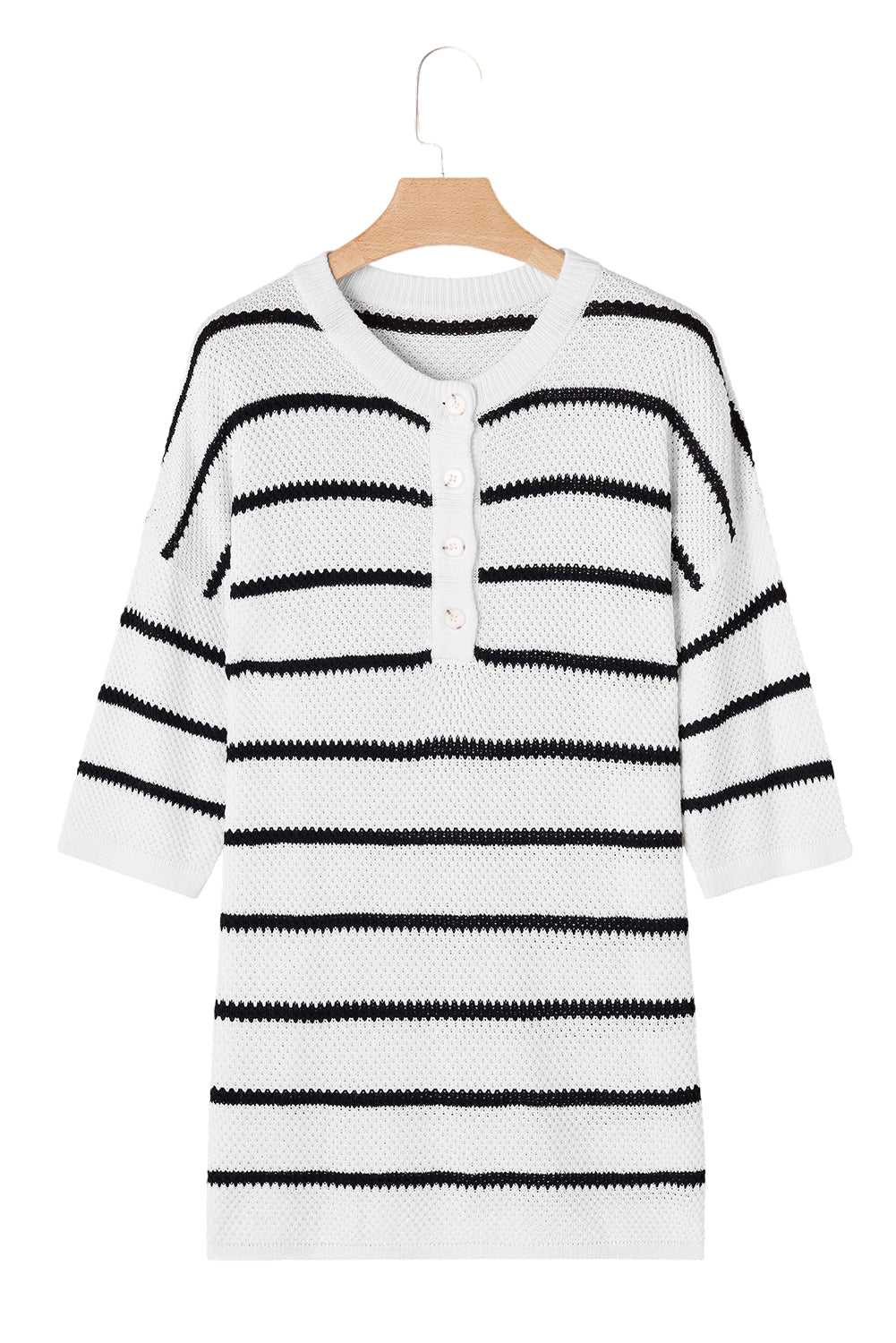 White Stripe Henley Buttoned Placket Drop Shoulder Bracelet Sleeve Knit Sweater Tee