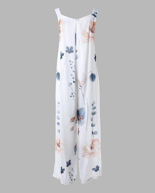 Floral Print Wide Leg Suspender Jumpsuit