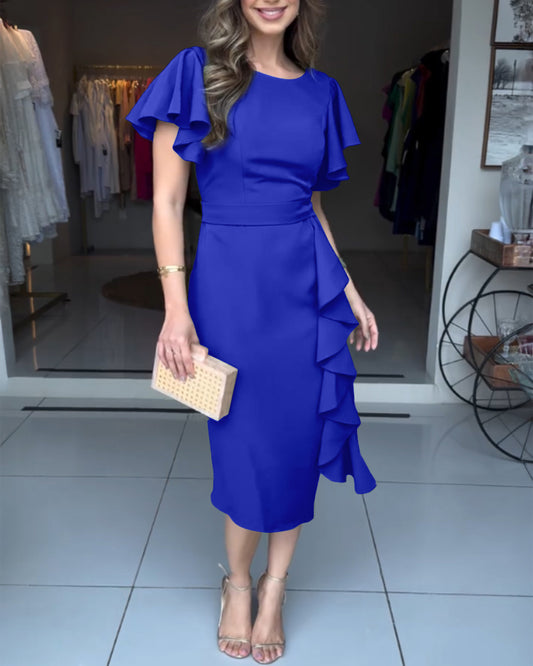 Butterfly Sleeve Ruffles Design Cinched Waist Work Dress Zipper Back Slim Fit Slit Mid Length Dress