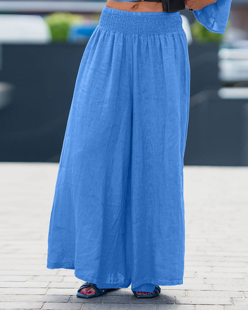 2 Pieces Outfit Asymmetrical One Shoulder Short Sleeve Top and Casual Strechy Waist Wide Leg Linen Pants Set