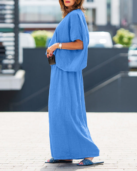 2 Pieces Outfit Asymmetrical One Shoulder Short Sleeve Top and Casual Strechy Waist Wide Leg Linen Pants Set