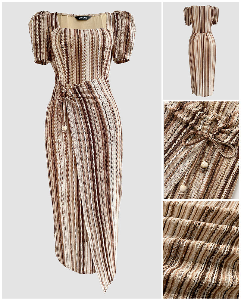 Textured Striped Square Neck Puff Sleeve Wrap Hem Work Dress Tied Detail Cinched Waist Maxi Dress