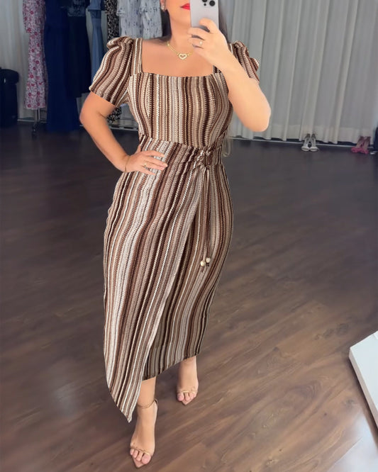 Textured Striped Square Neck Puff Sleeve Wrap Hem Work Dress Tied Detail Cinched Waist Maxi Dress