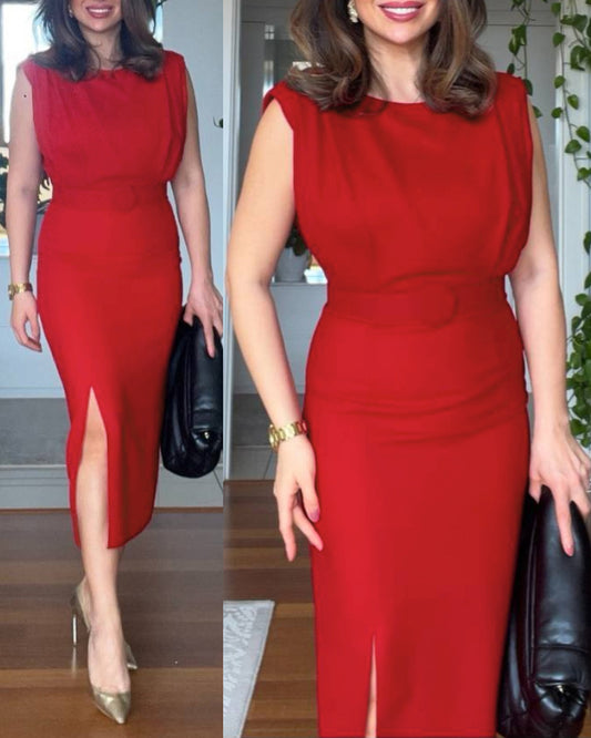 Round Neck Sleeveless Waist Ruched Slit Dress