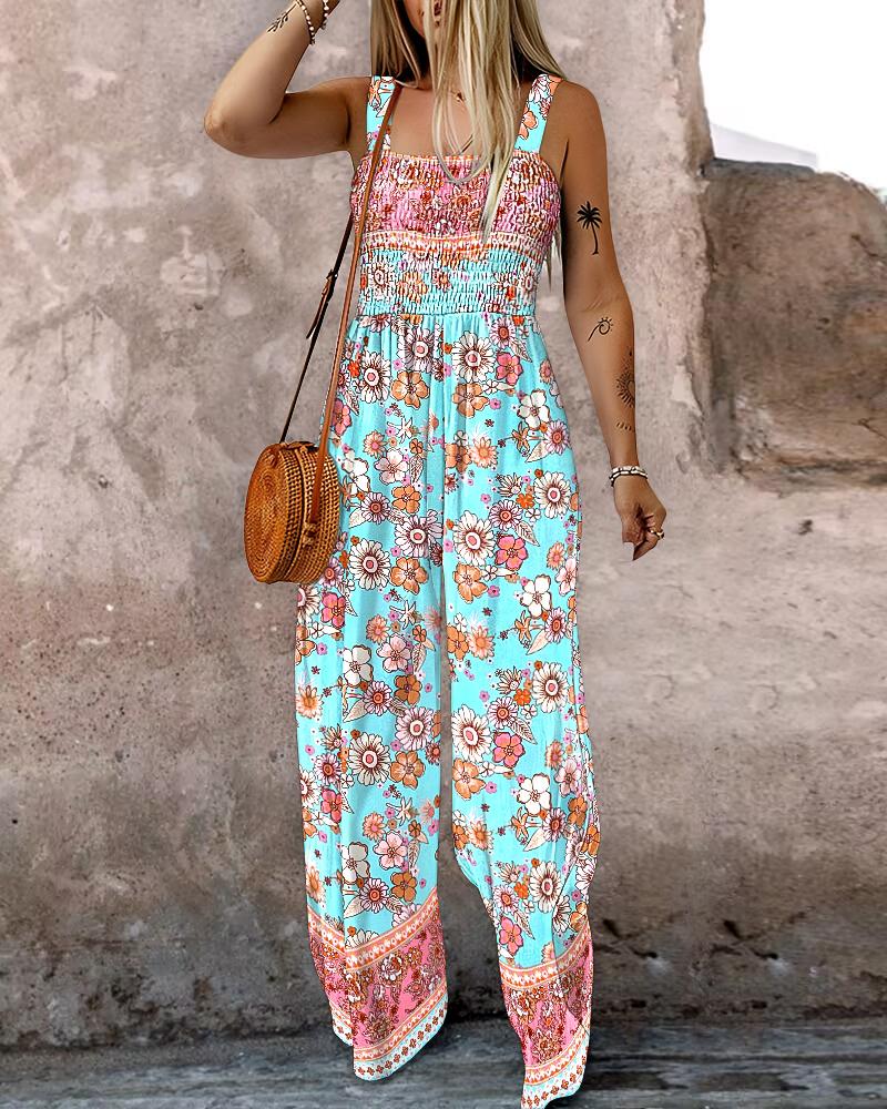 Floral Print Square Neck Thick Strap Shirred Jumpsuit Wide Leg Overalls with Pockets