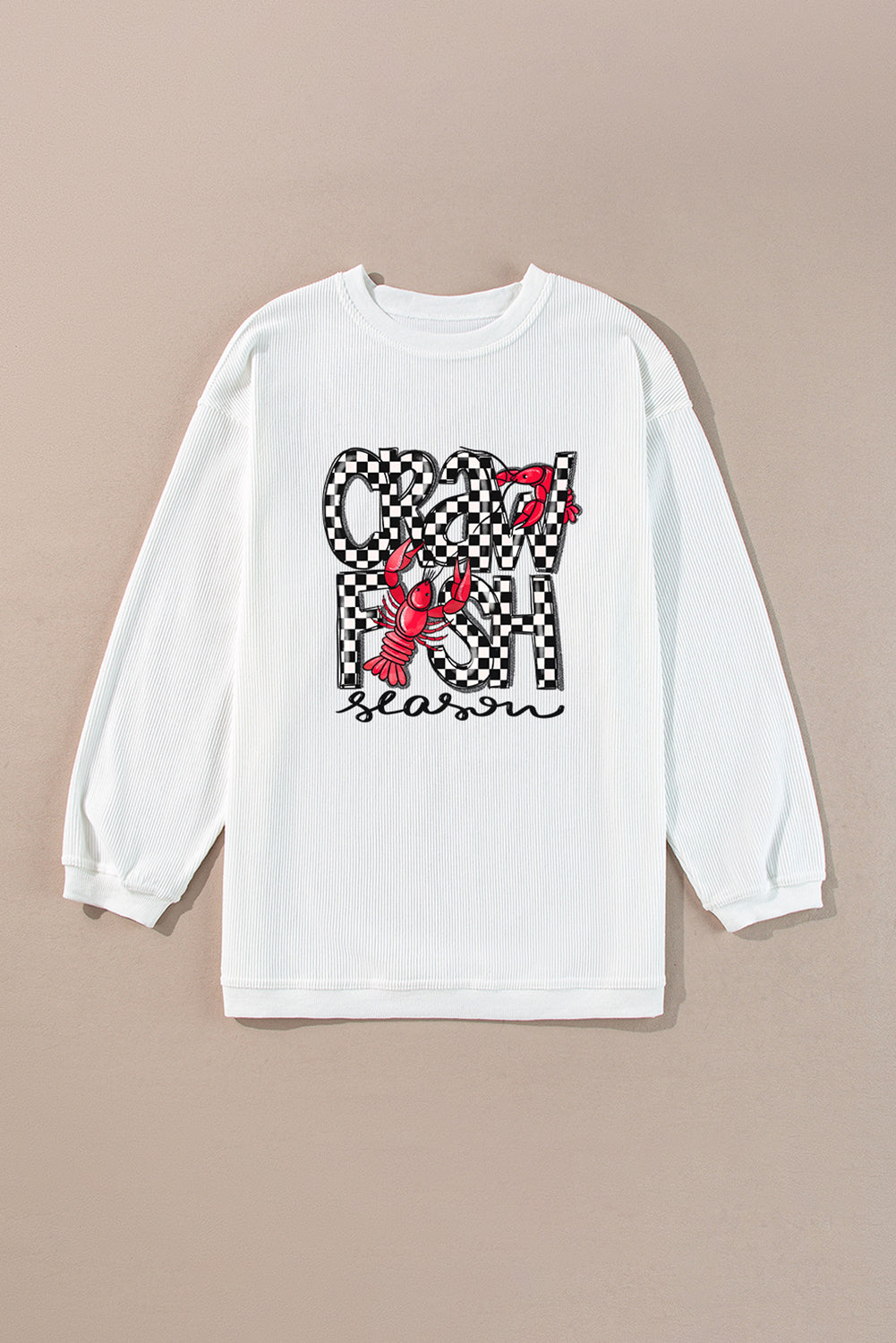 White Crawfish Season Checkered Letter Graphic Corded Sweatshirt