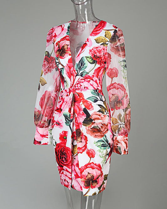 Mesh Puff Lantern Sleeve Twisted Floral Print Dress