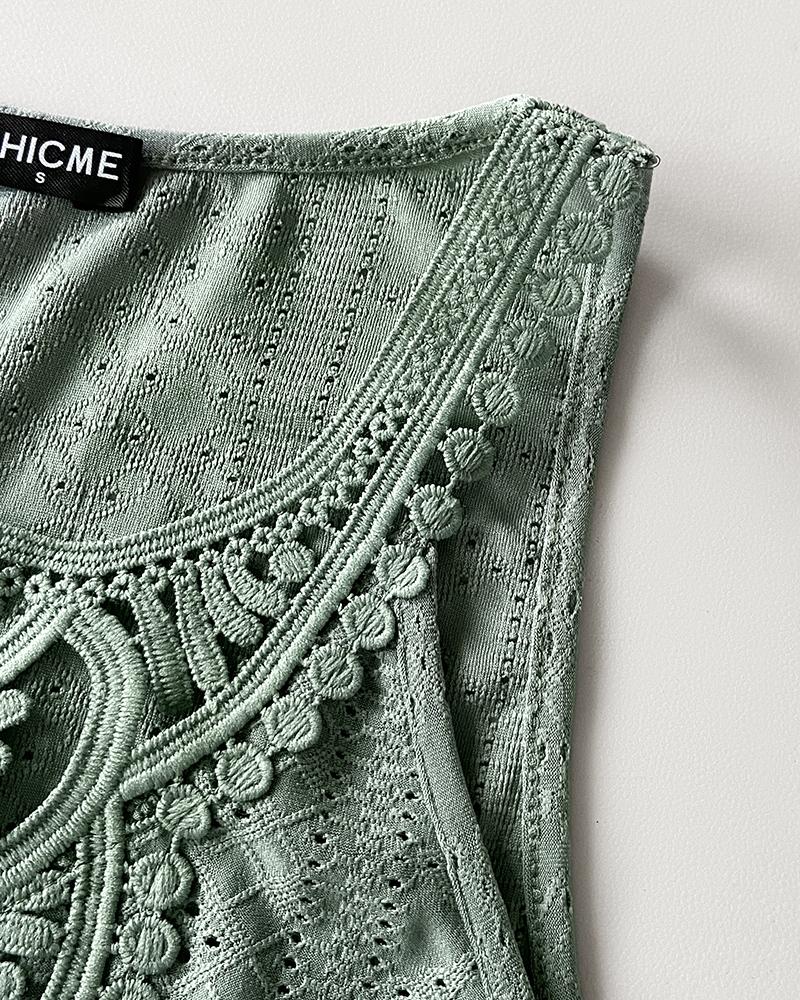 V Neck Sleeveless Contrast Lace Cover Up Casual Eyelet Embroidery Dress