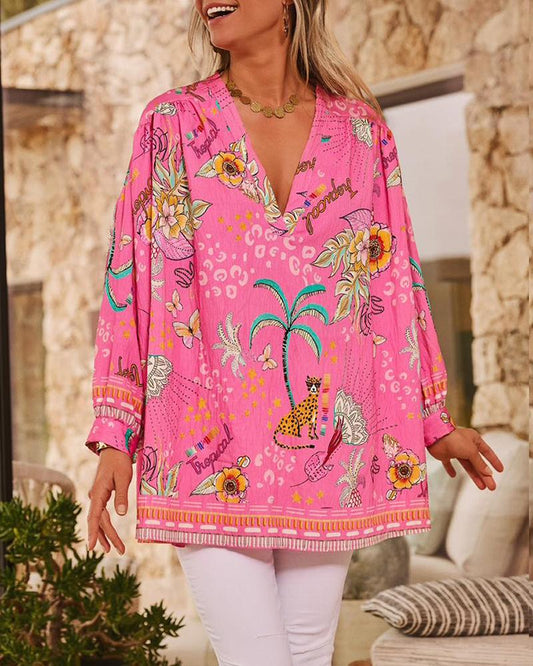 Tribal Print Long Sleeve Pullover Top and Casual Loose Fit Top