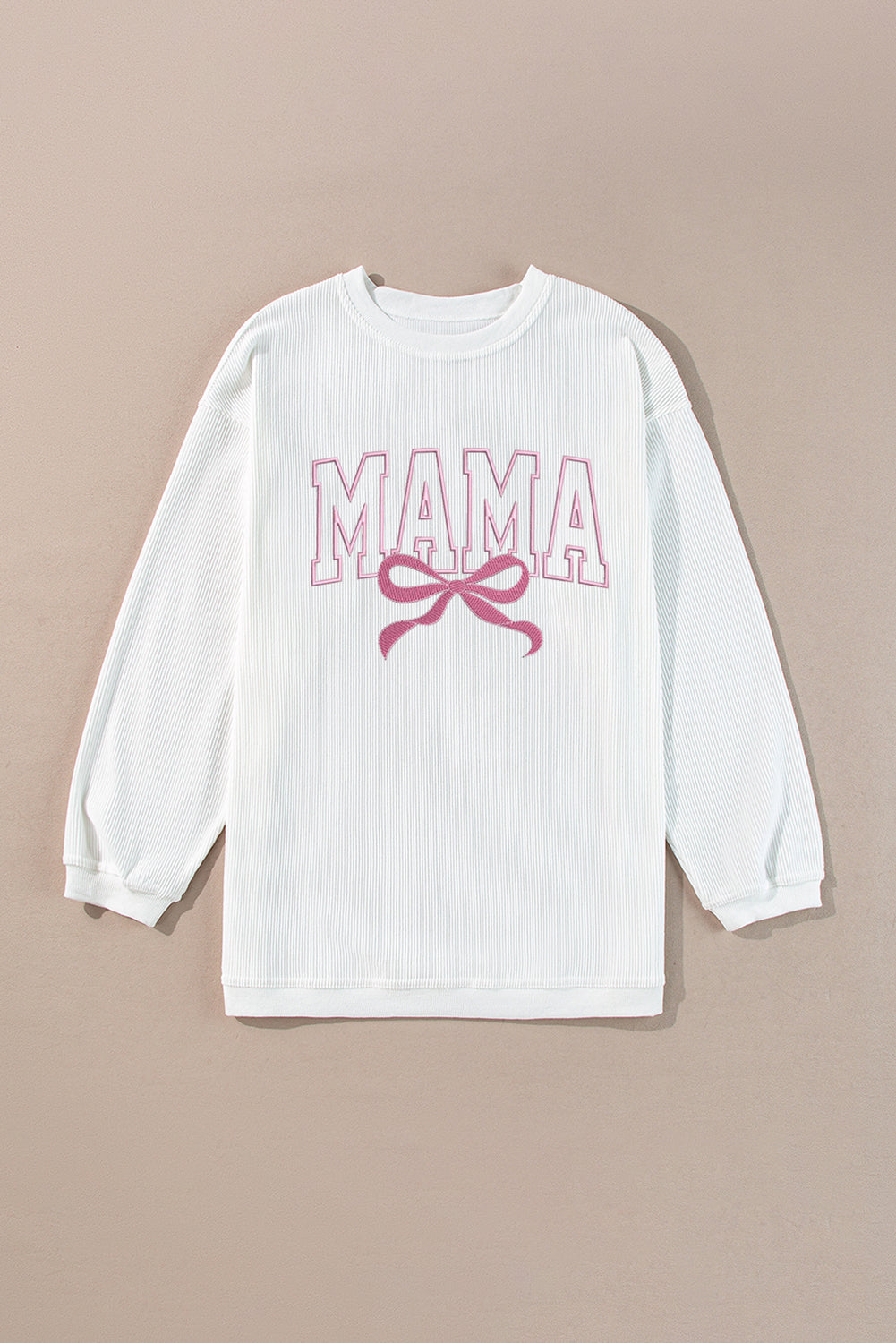 White MAMA Bowknot Embroidered Ribbed Pullover Sweatshirt