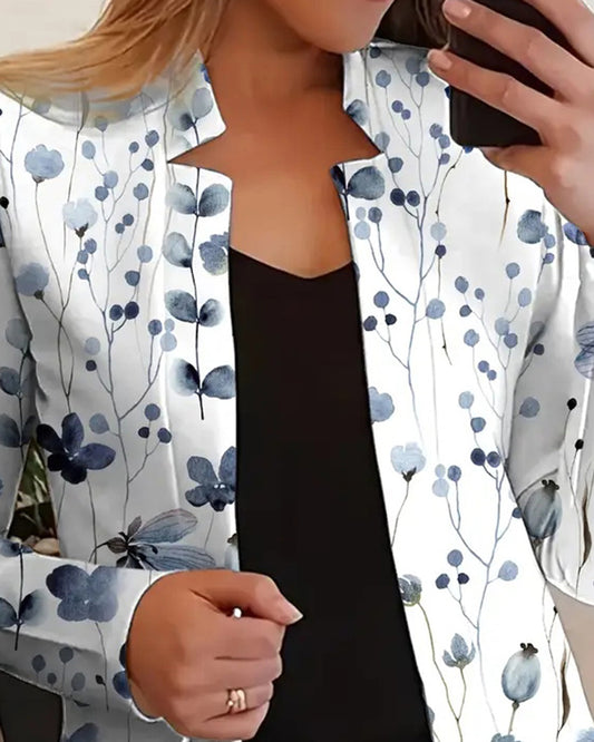 Floral Print Long Sleeve Open Front Casual Stretchy Blazer Coat