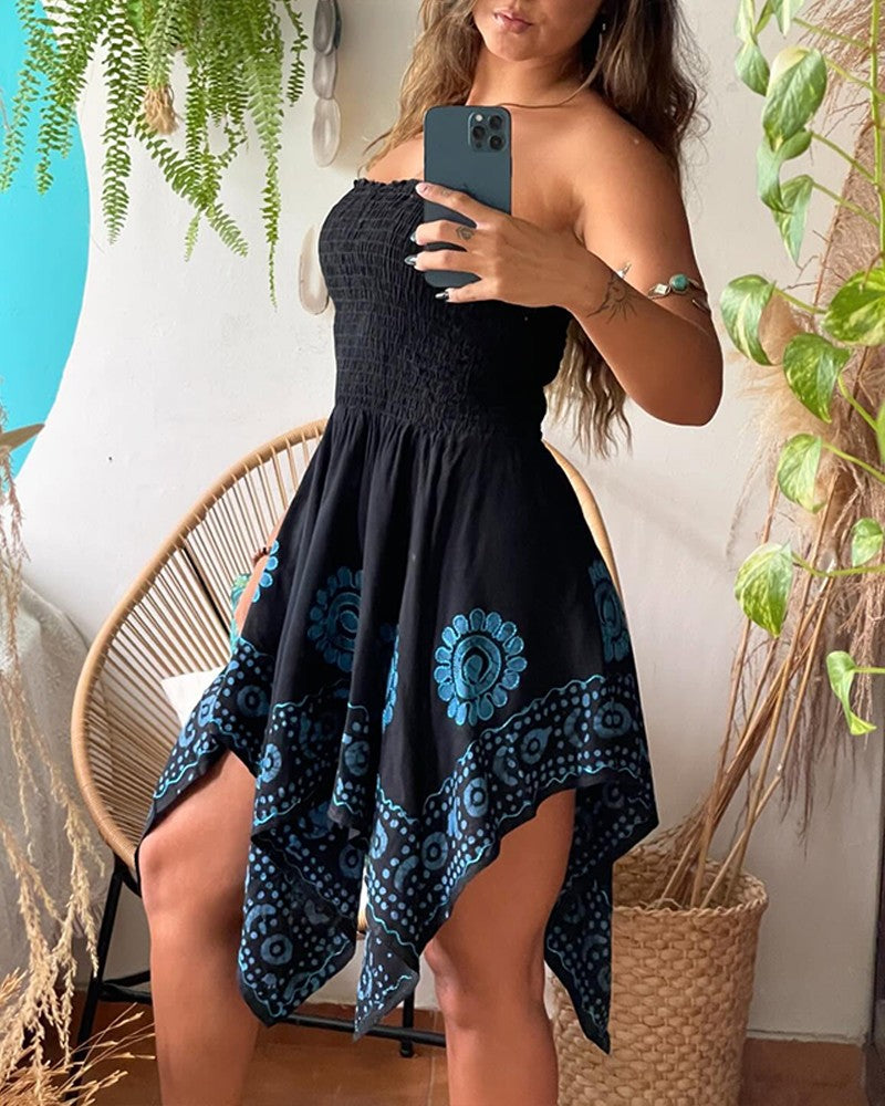 Tribal Print Halter Sleeveless Shirred Mini Dress Casual Bandeau Asymmetrical Vacation Dress