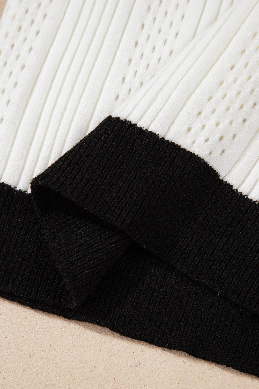 White Contrast Trim Eyelet Knit Colorblock V Neck Sweater Vest