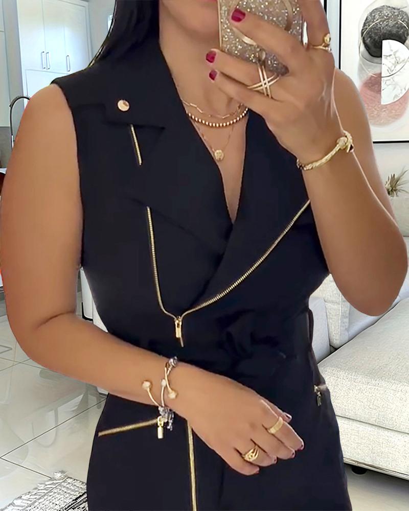 Round Neck Slim Fit Sleeveless Zipper Design Mini Dress Work Dress