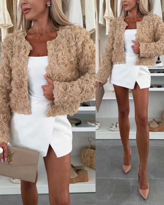 Open Front Long Sleeve Casual 3D Floral Coat