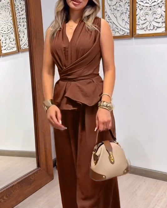 2 Pieces Outfit Sleeveless Criss Cross Tied Detail Top and Casual Wide Leg Pants Set