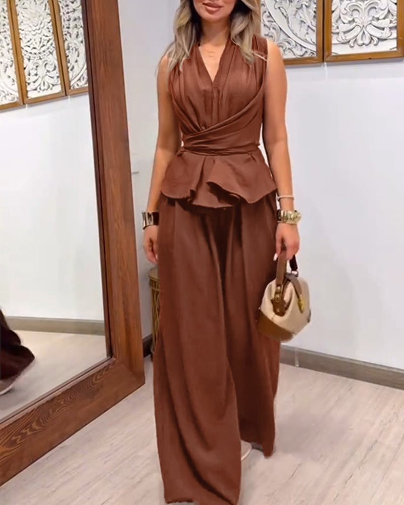 2 Pieces Outfit Sleeveless Criss Cross Tied Detail Top and Casual Wide Leg Pants Set