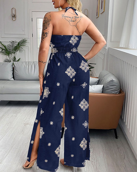 Graphic Print Halter Backless Side Slit Shirred Wide Leg Jumpsuit Vacation Overalls