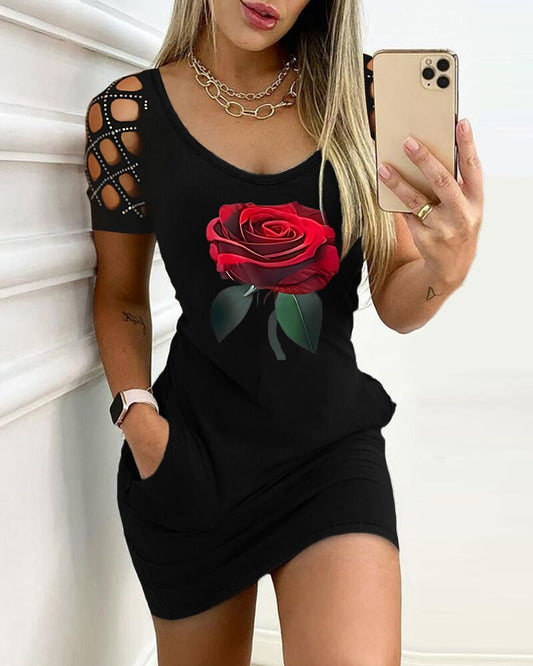 Rose Print Rhinestone Hollow Out Bodycon Dress