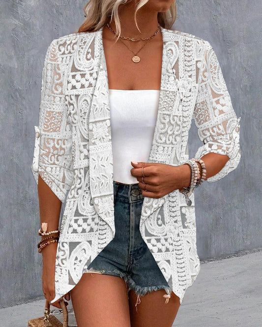 Open Front Floral Lace Embroidered Turn Up Sleeves Coat Casual Asymmetrical Hem Hoodie Cardigan