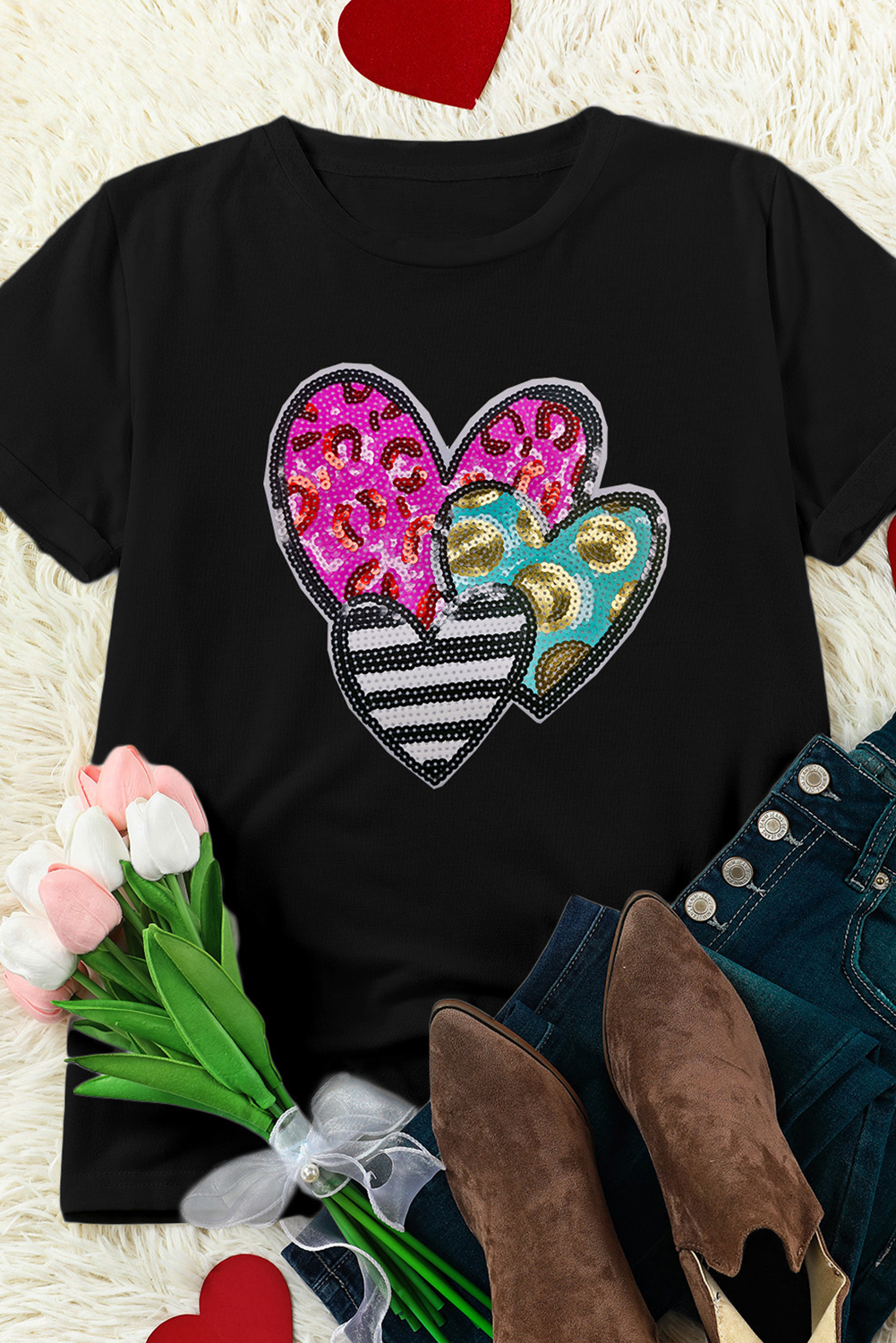 Black Trio Heart Patched Valentines Fashion Tee