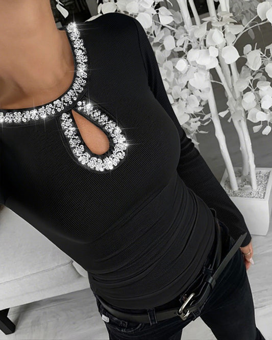 Rhinestone Decor Keyhole Neck Hollow Water Drop Ribbed Top Long Sleeve Slim Fit Layering Top