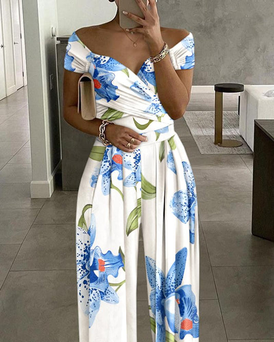 Floral Print Cold Shoulder Ruched Jumpsuit Casual Strechy Wide Leg Romper