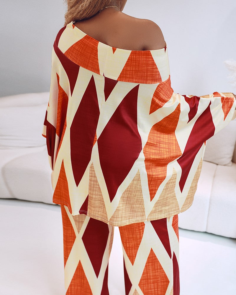 2 Pieces Outfit Abstract Print Cold Shoulder Batwing Sleeve Top and Casual Wide Leg Pants Set