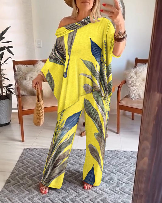 2 Pieces Outfit Plants Print Cold Shoulder Batwing Sleeve Top and Casual Wide Leg Pants Set