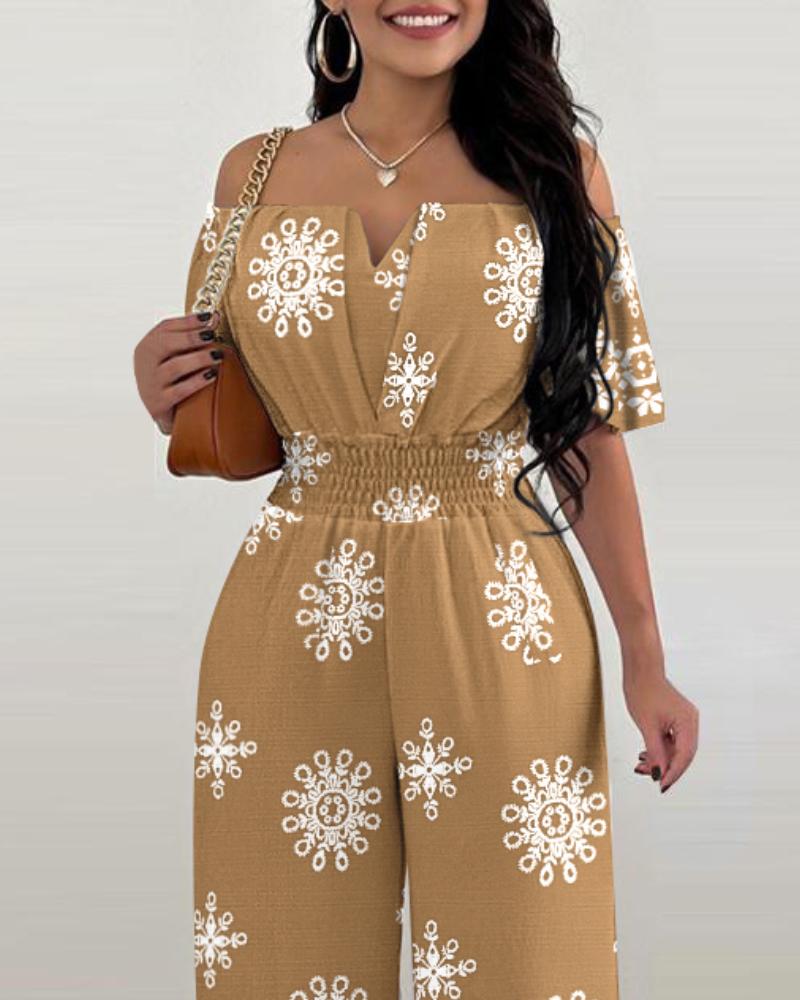 Floral Print Off the Shoulder Short Sleeve Shirred Jumpsuit Casual Waist Boho Romper